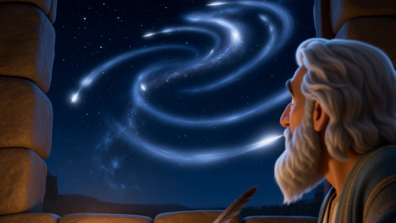Outside the window, the night sky begins to spiral with light