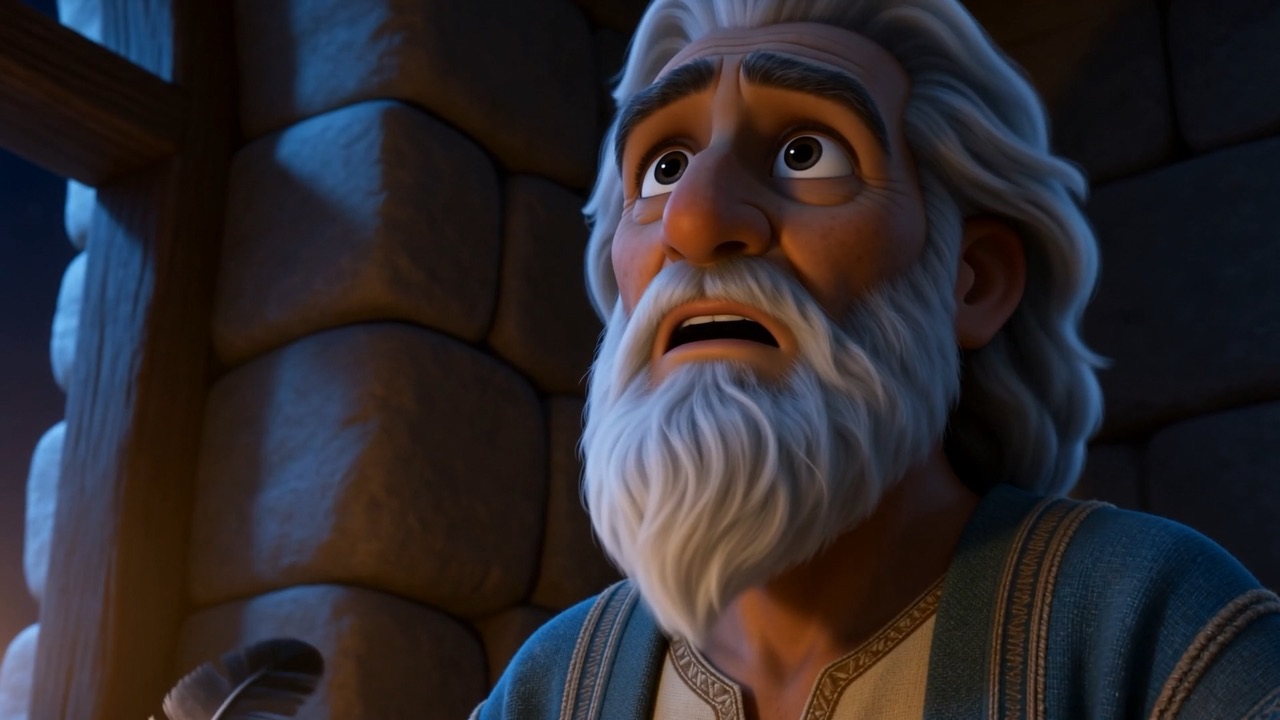 He looks up from the page, eyes wide