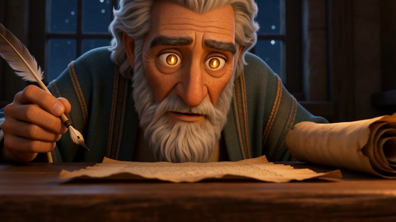 He peers over the desk edge, quill still in hand