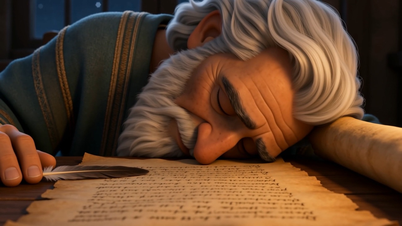 Sleep takes him gently, cheek on the finished page