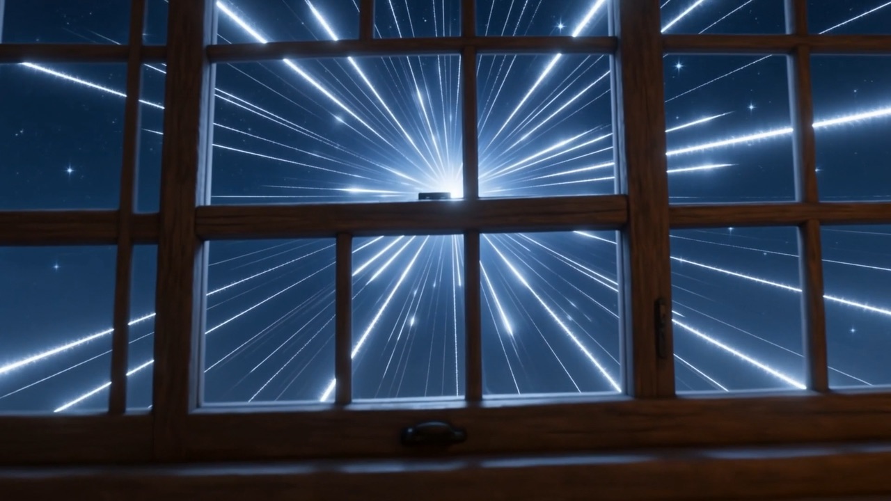 Light gathers and streaks beyond the window panes