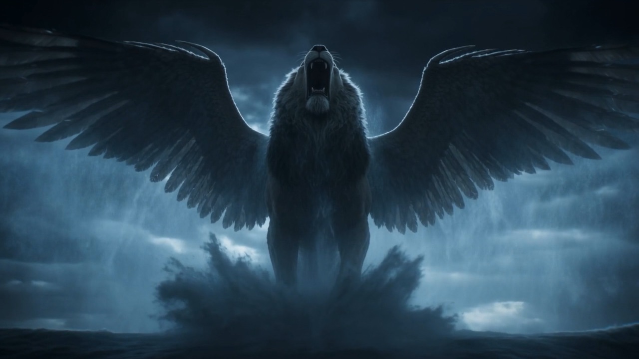 The first: a winged lion, vast as an island in the spray