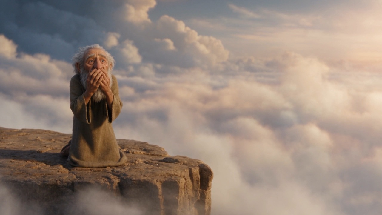 And on the cliff, an old man with a hand over his mouth