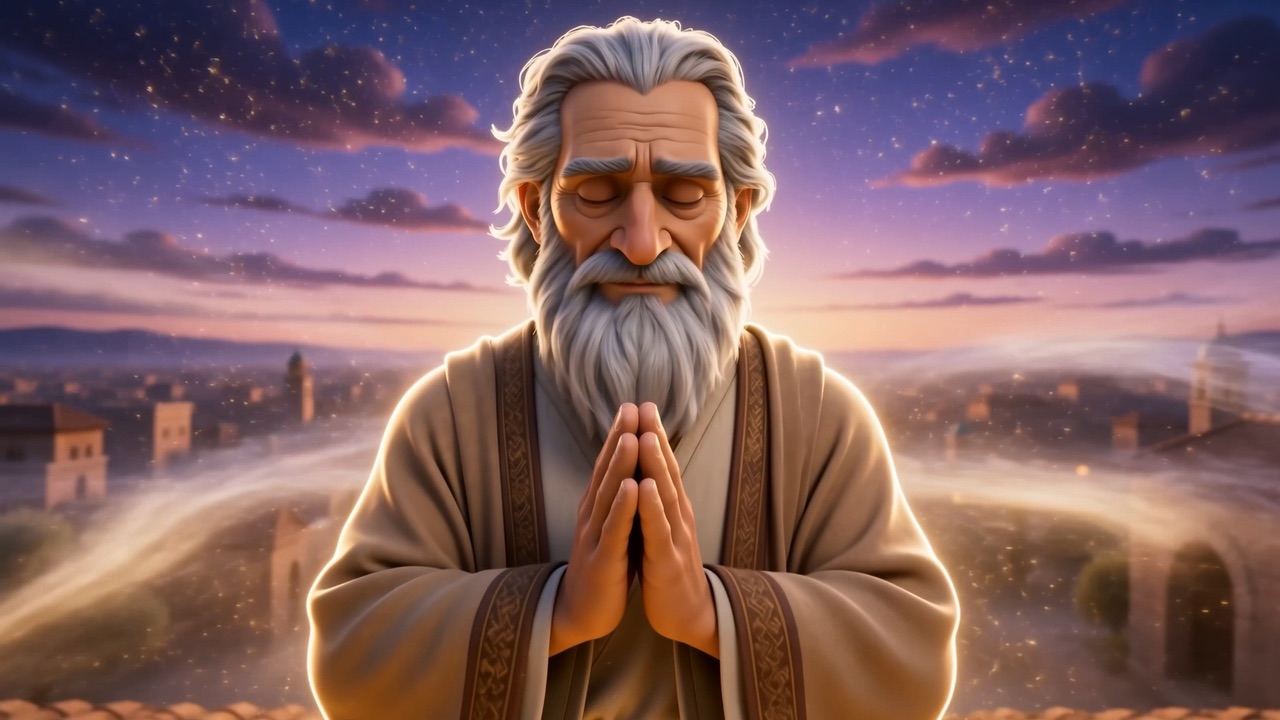 He is praying on his own roof at dusk