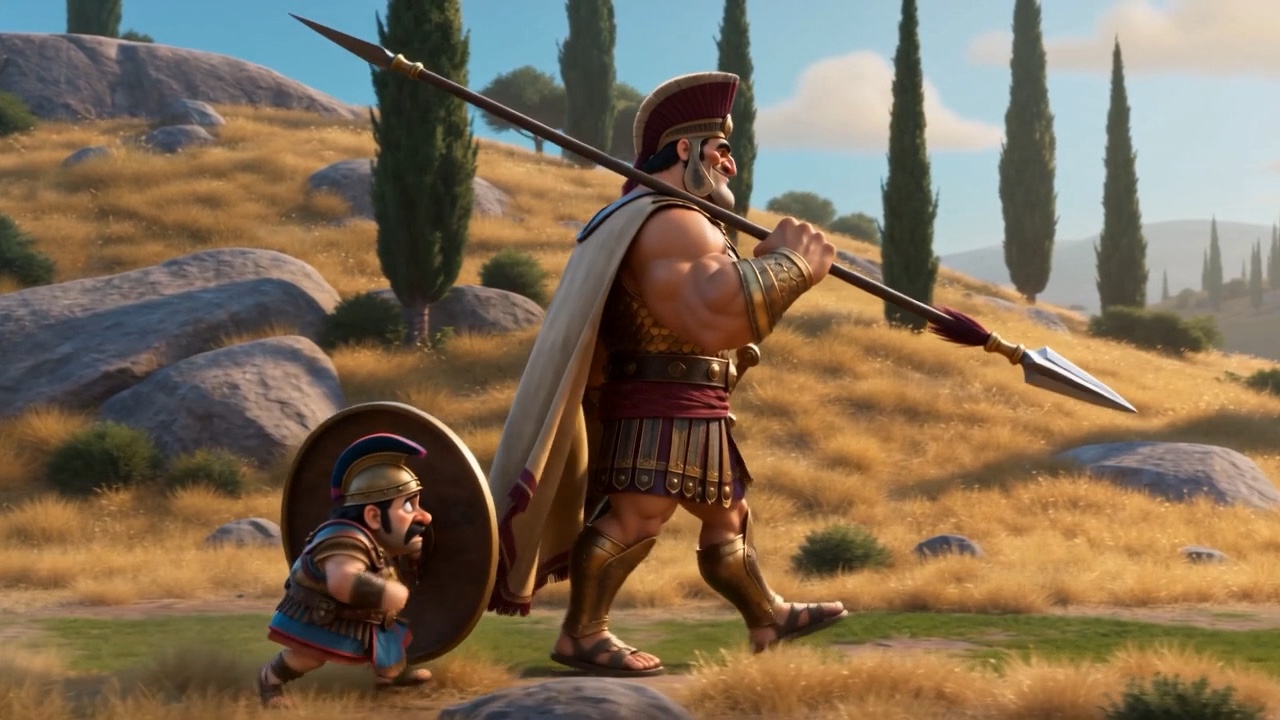 Goliath strides out with his shield-bearer scrambling ahead
