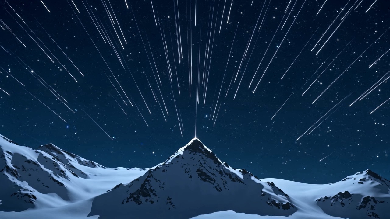 Streaks of light rake down over a snow-capped summit