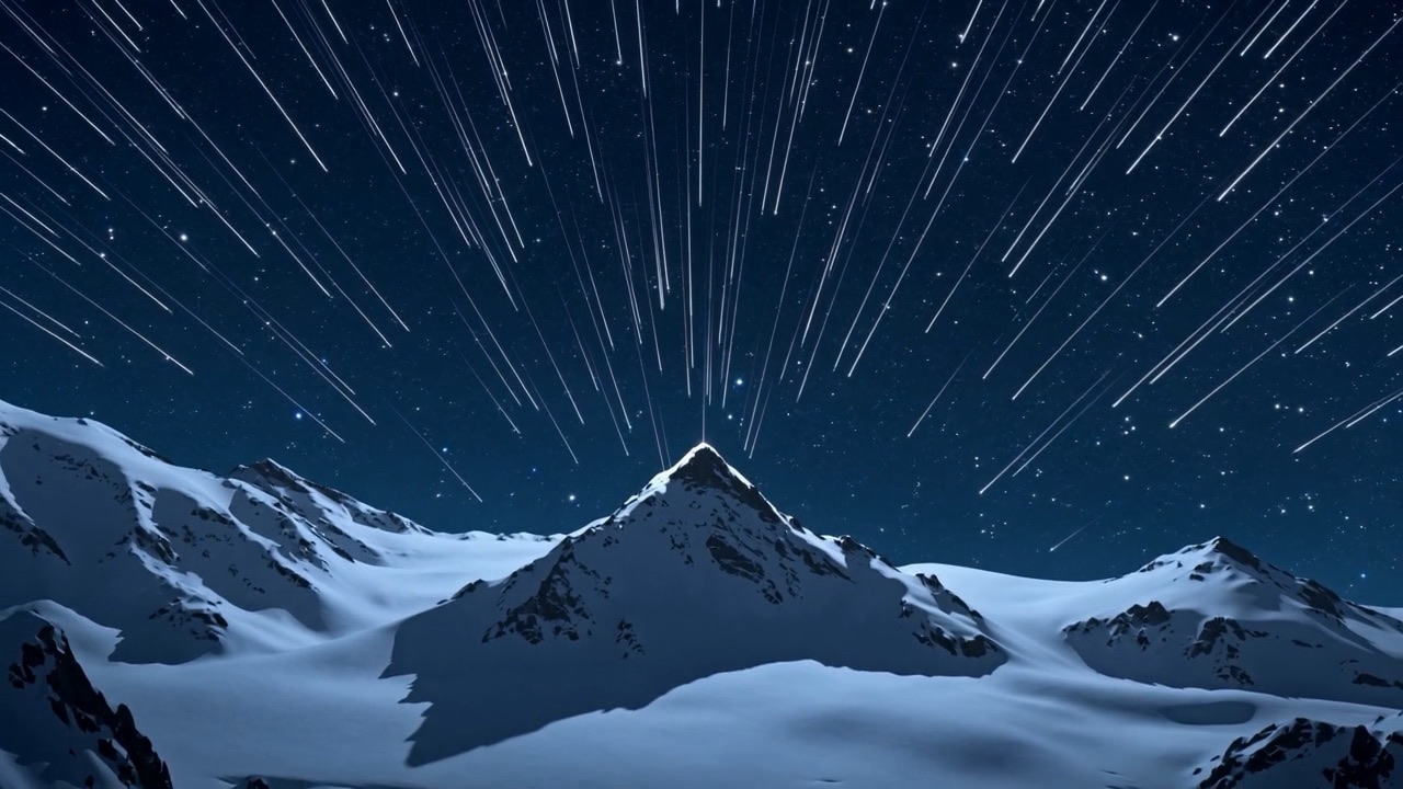 The stars fall in long white lines toward the mountain