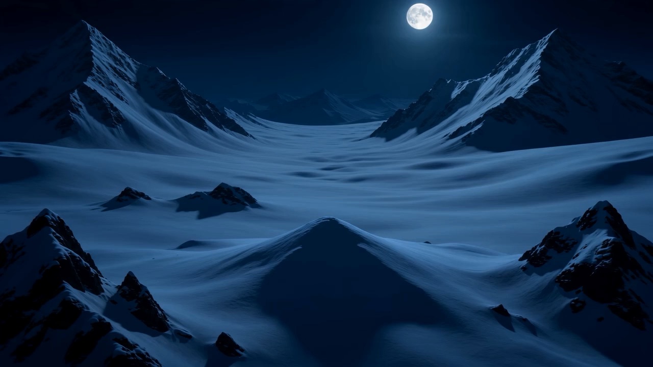 A pillar of white light strikes the snowfields under the moon