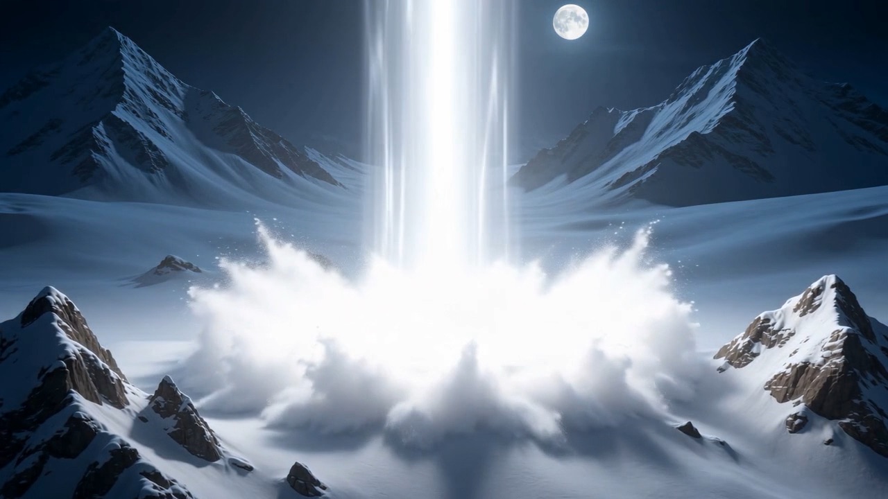 Snow erupts around the column of light