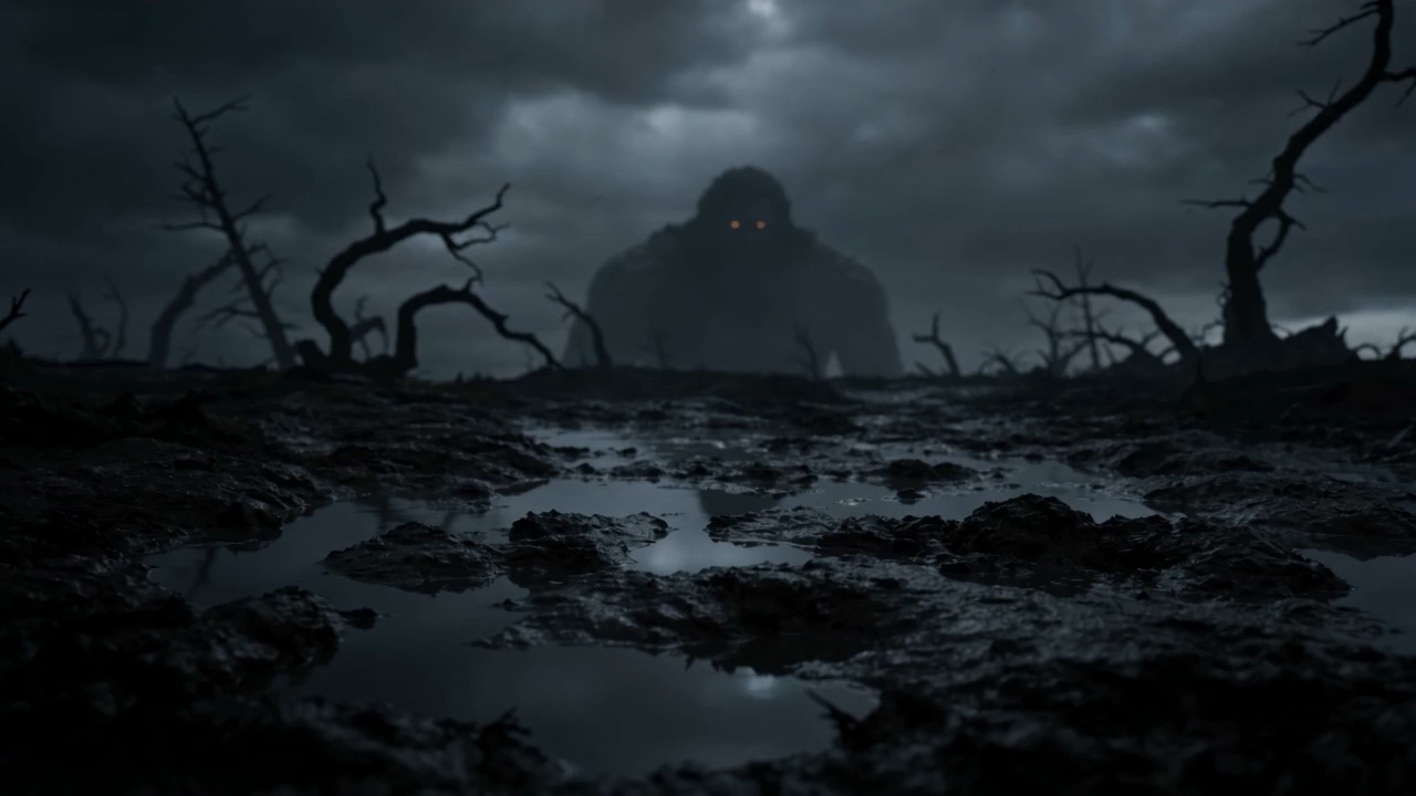 A vast shadow stands against a storm