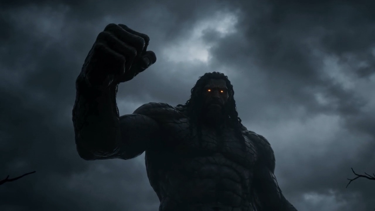 A fist begins to lift against the sky