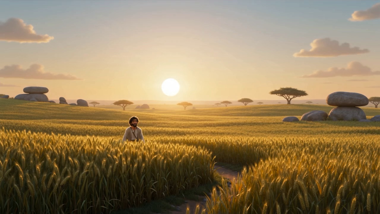 A man stands in a golden wheat field at dawn