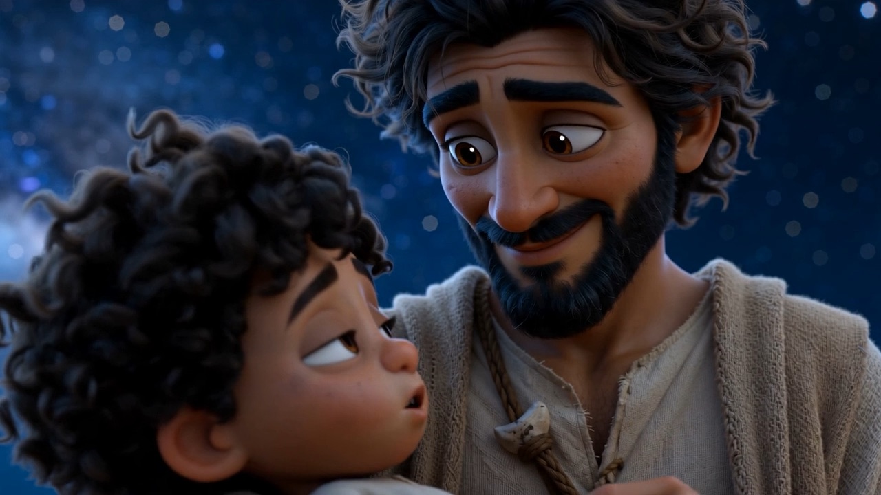 The boy watches his father's face instead