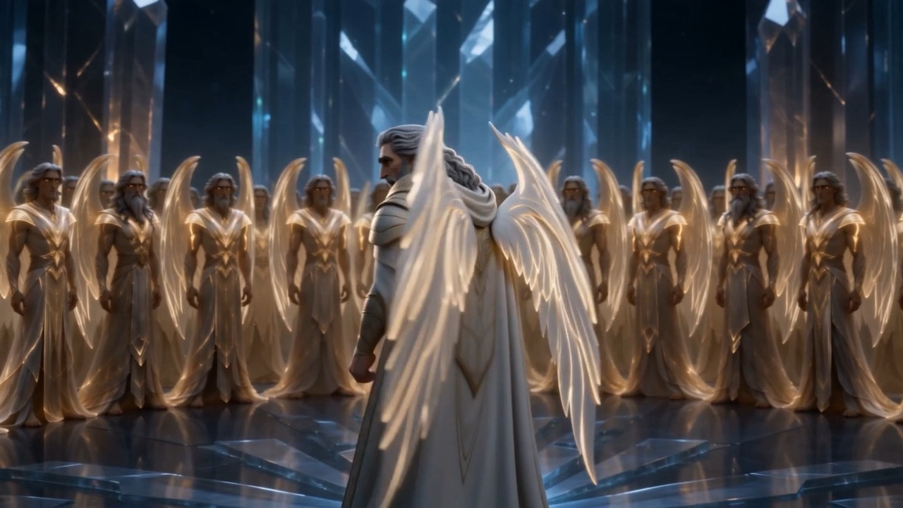 His wings glow against the crystal dark