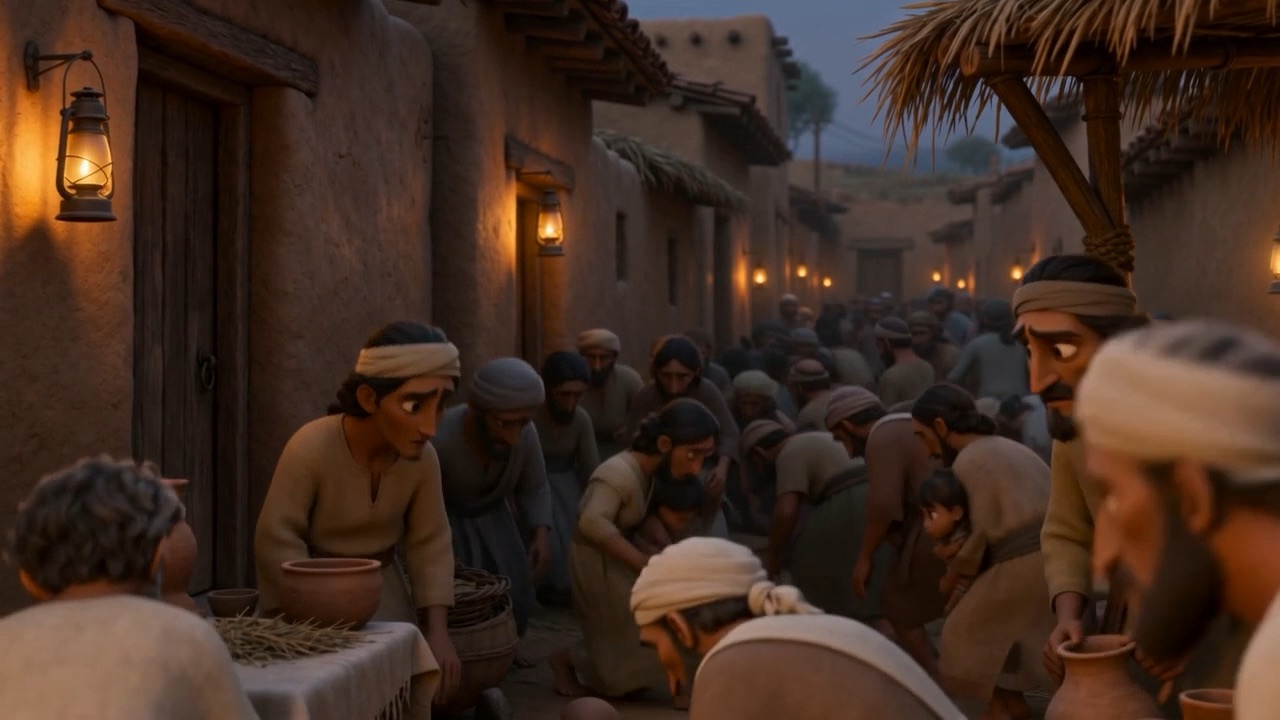 Every face turns toward the strangers