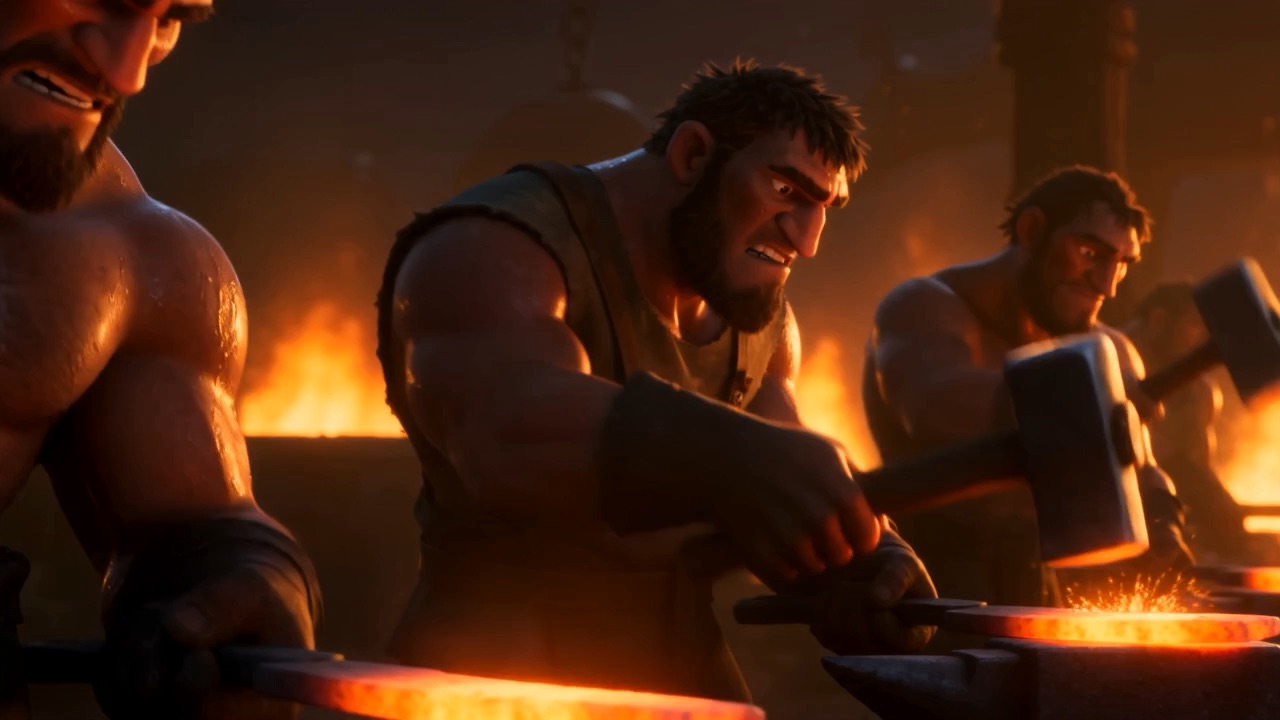 Forges spring up — men hammering blades in the firelight