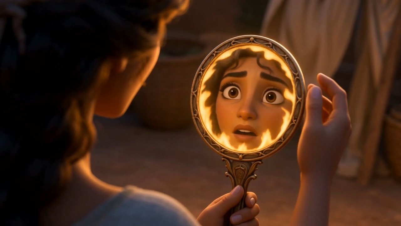 A woman stares into an ornate mirror, her reflection ringed in fire