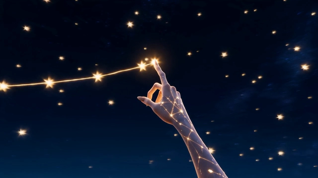 A glowing hand traces fortunes between the stars