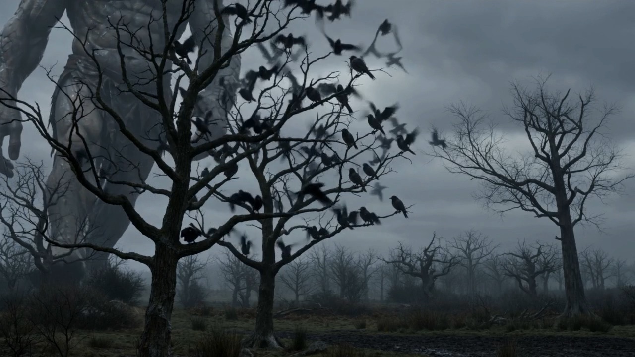 Crows crowd the dead trees, a giant looming beyond