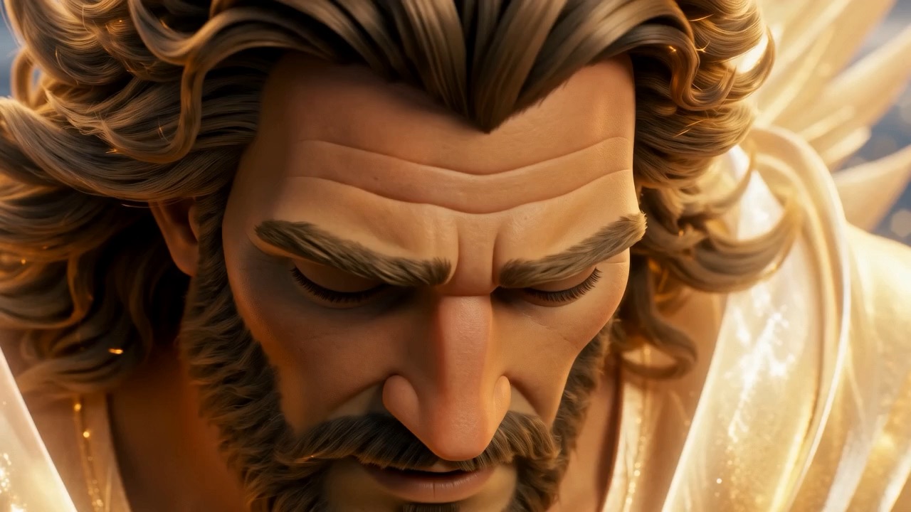 Golden and grave, he carries the case upward