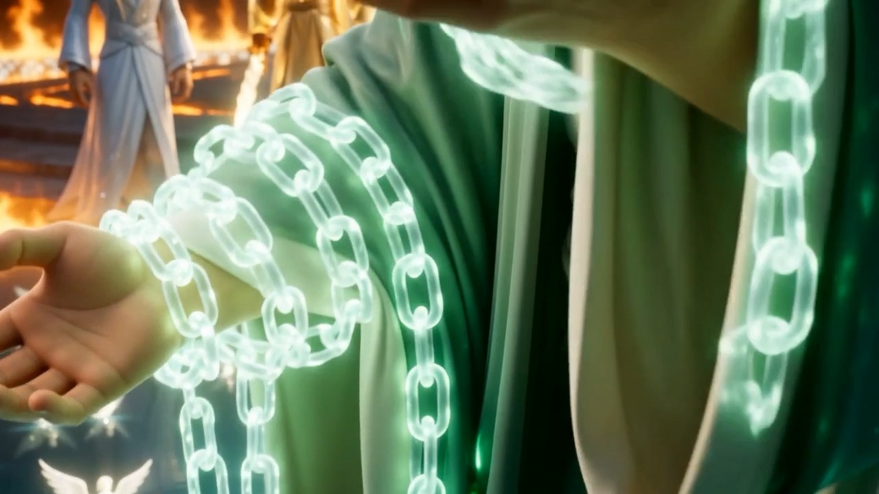 Chains of green light wind around Raphael's open arm
