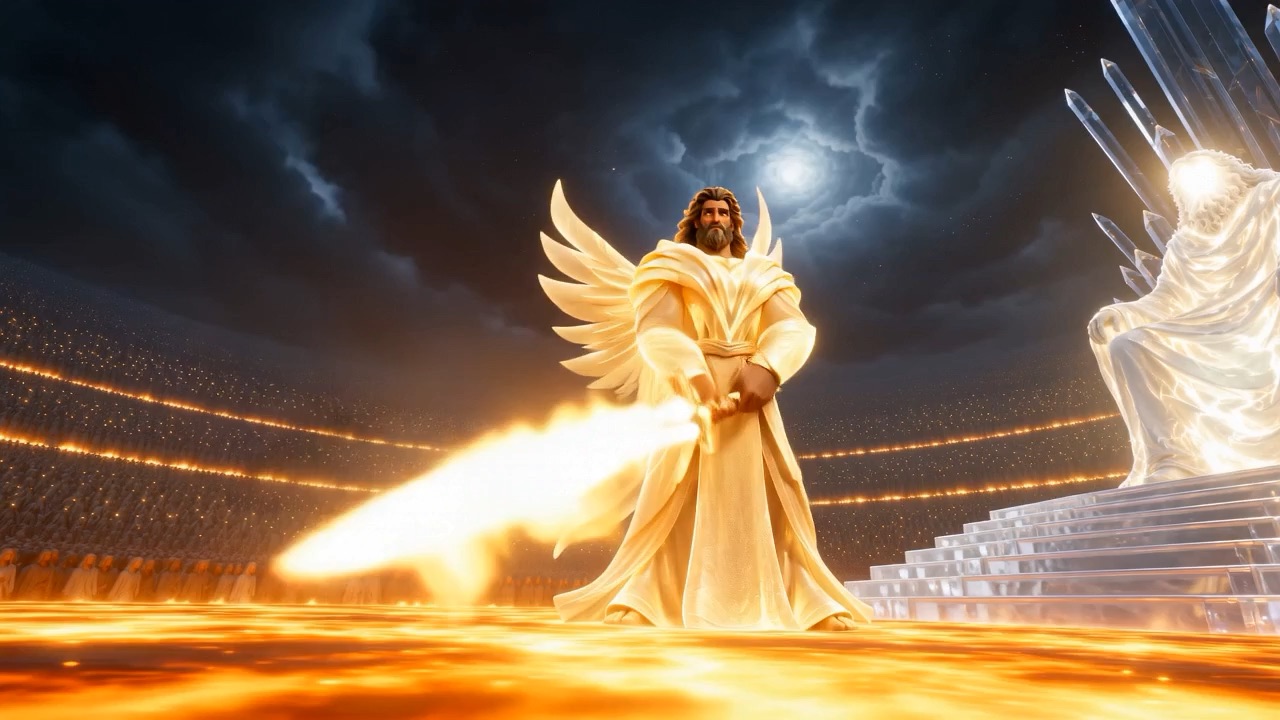 Michael stands in a sea of fire with a burning sword