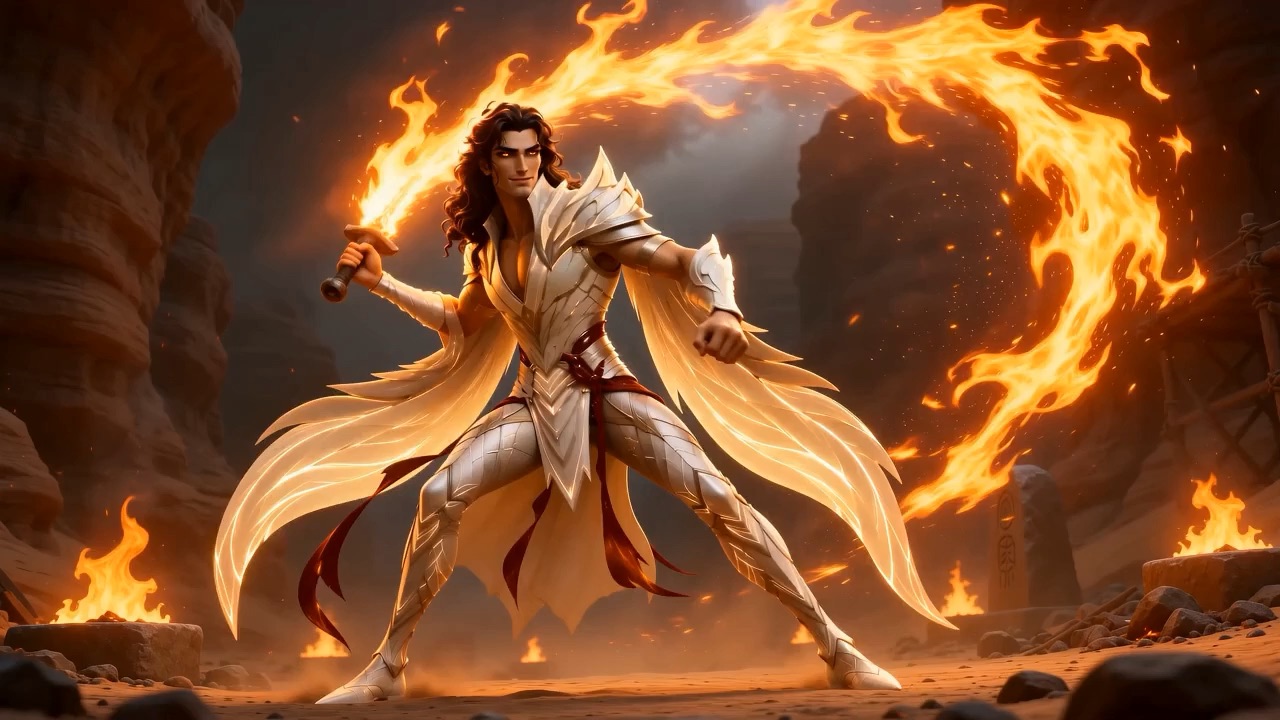 Azazel draws a blade of fire, grinning
