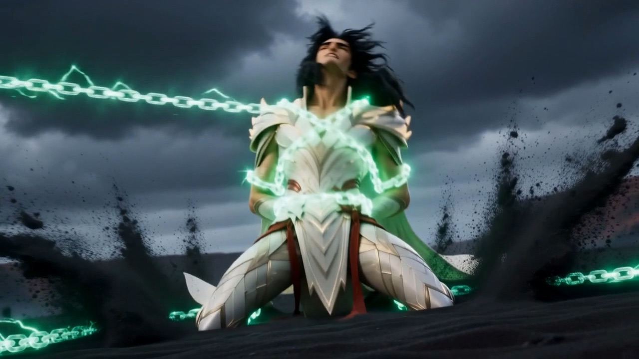 Azazel kneels, bound in chains of green light