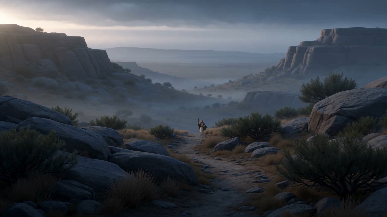 Enoch walks a canyon path in the grey dawn