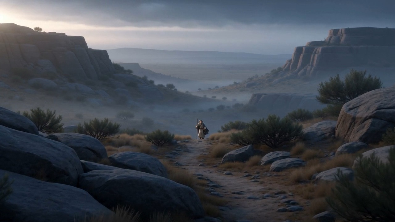 A small figure with a satchel in a vast land