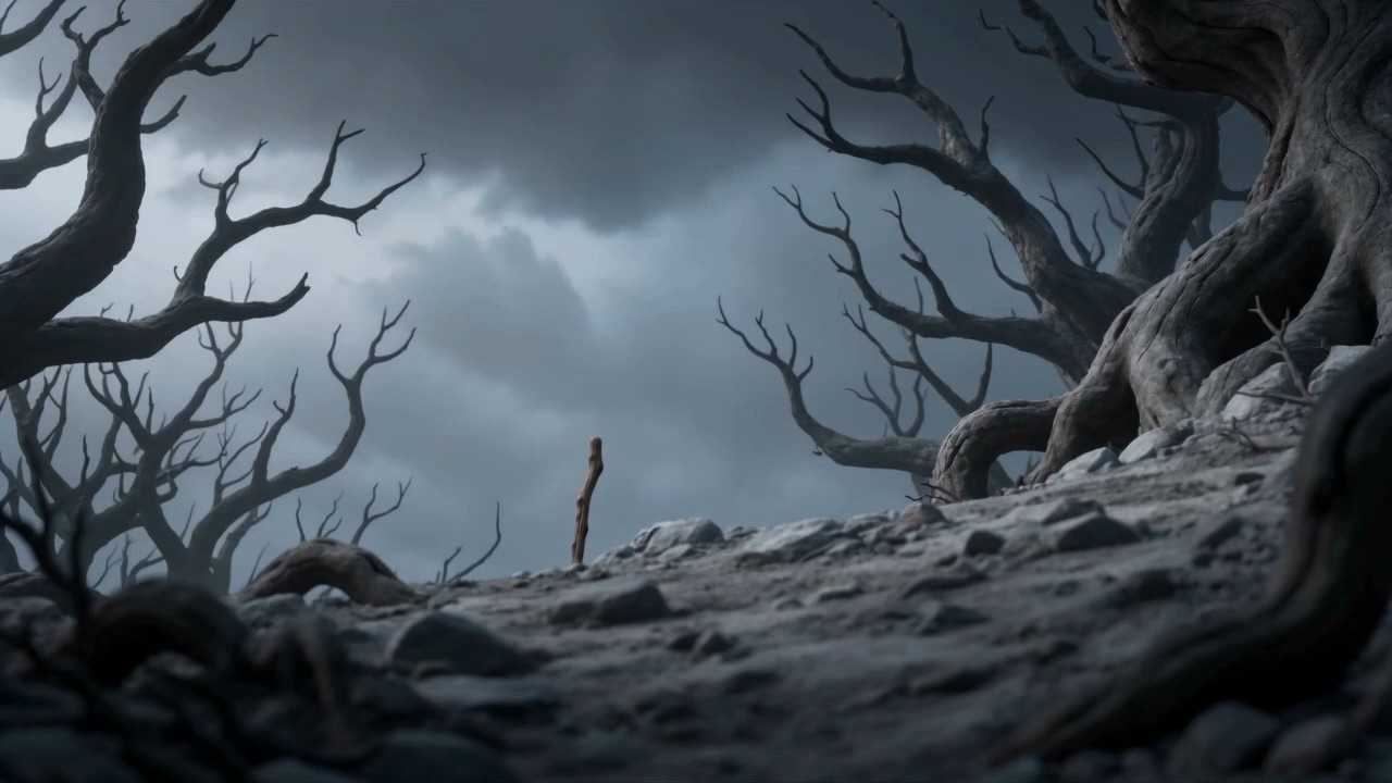 A blasted grove of ash-grey trees