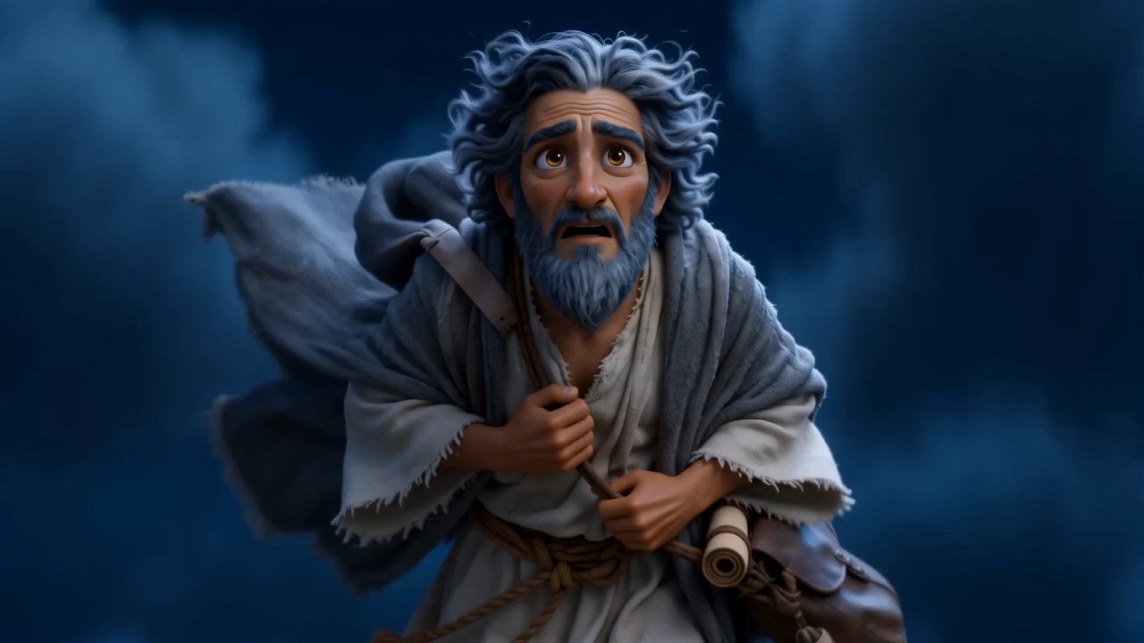 Enoch rises through moonlit clouds