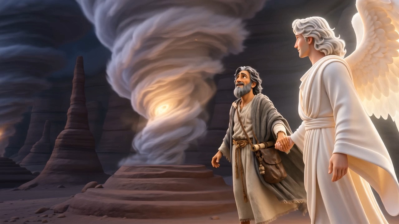 Enoch and Uriel before a bound whirlwind