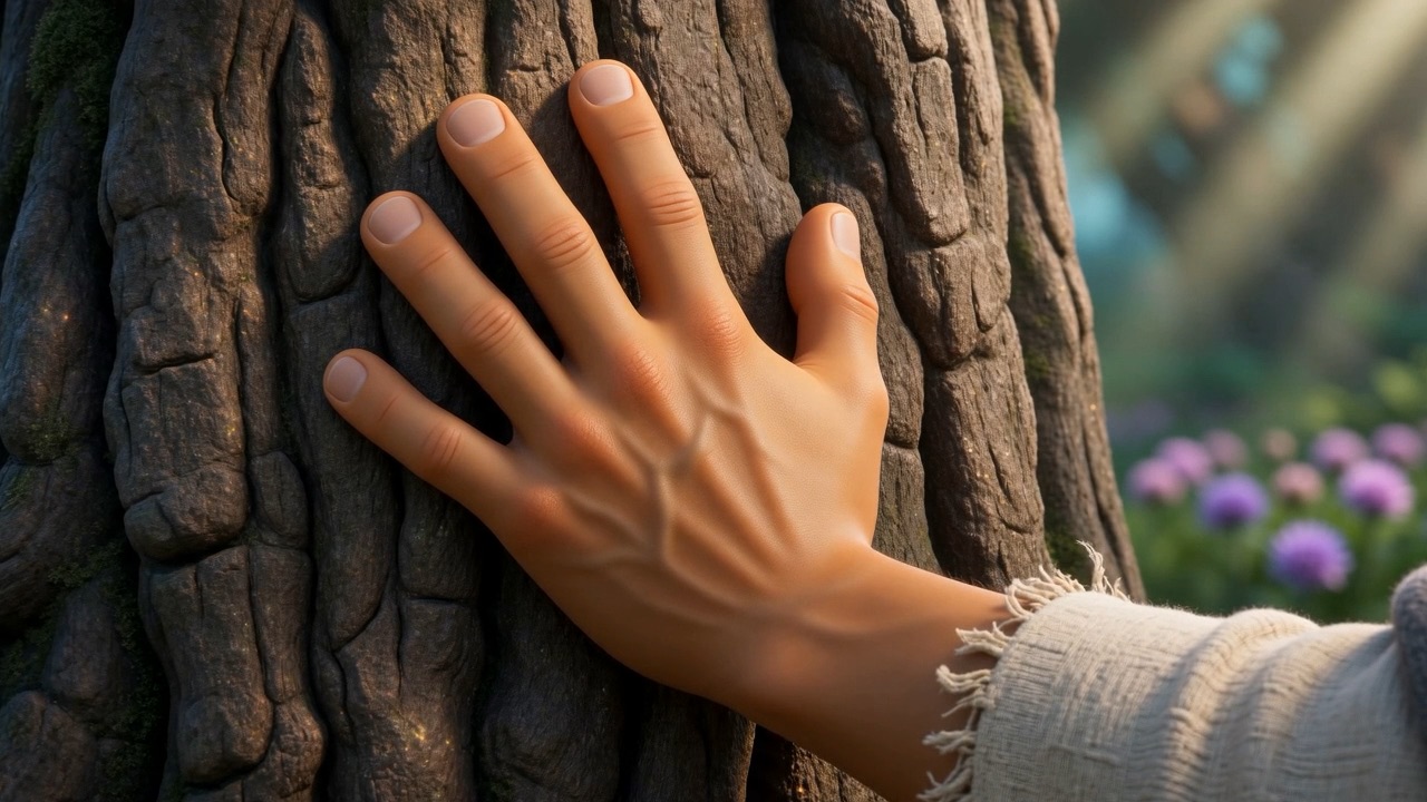 He puts out one hand and touches the bark