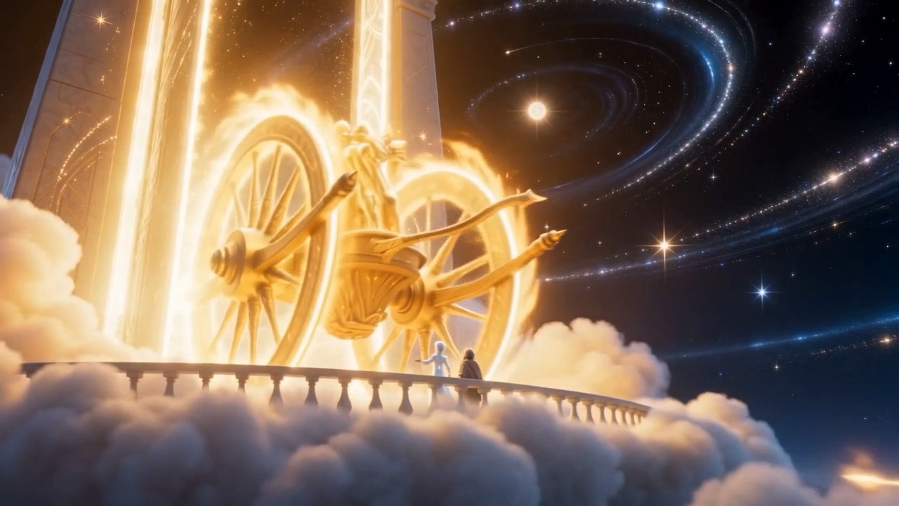 A burning wheel taller than towers