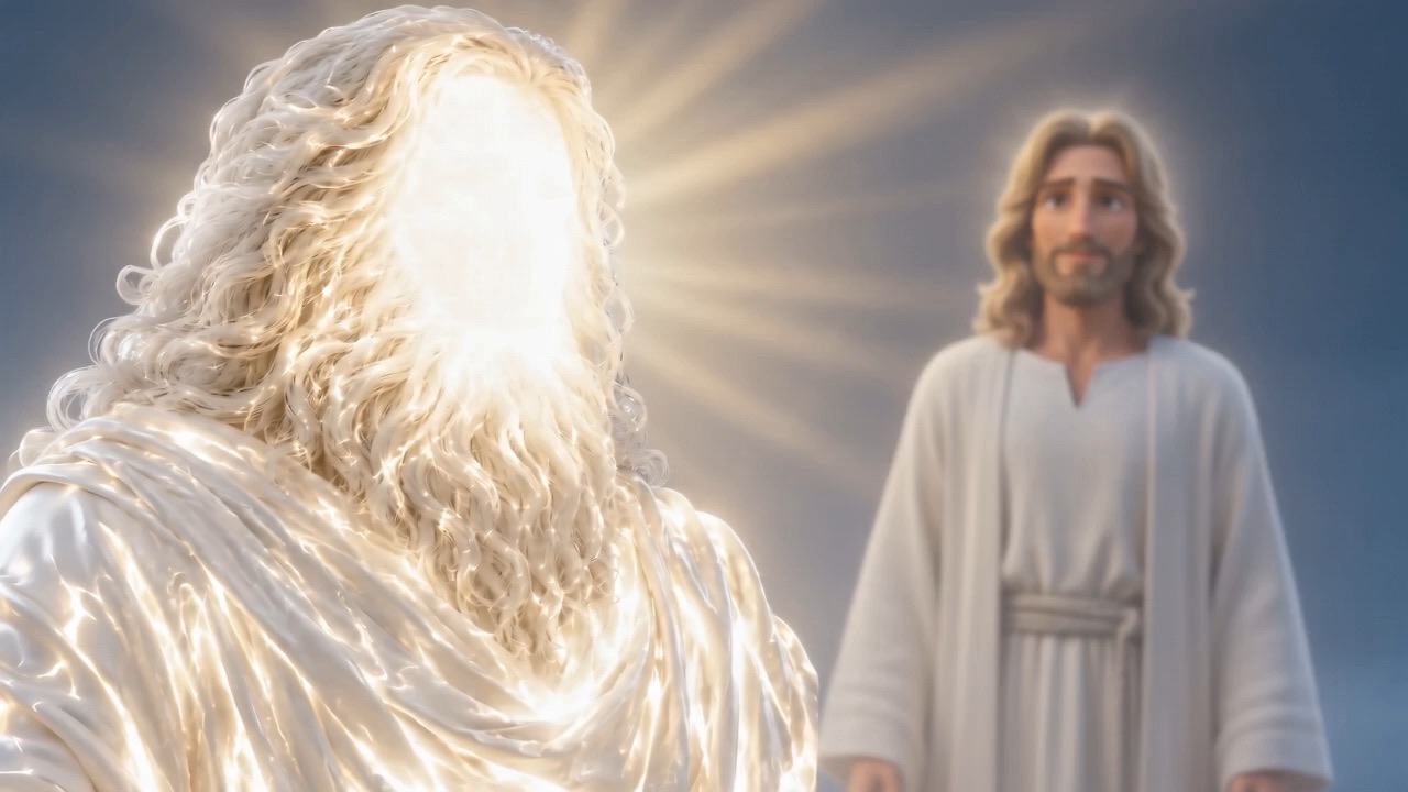 A face made only of light — and beside it, a man