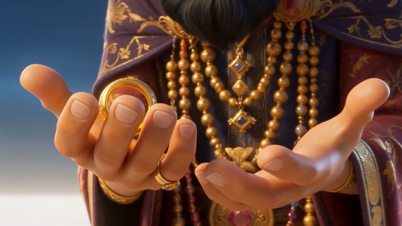 A ring held out in a jewelled hand