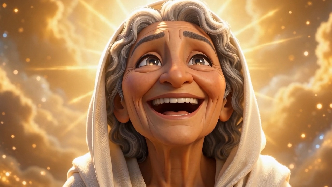 An old woman, laughing, in the light