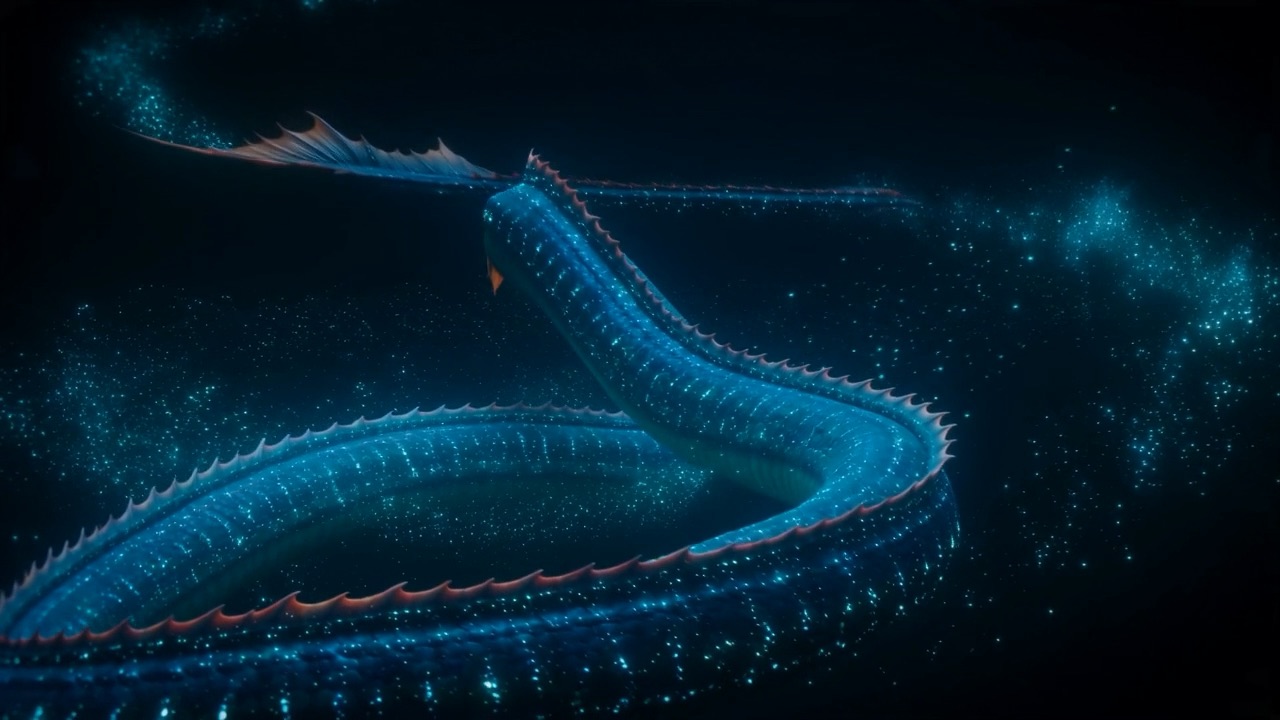 A glowing serpent coils through the deep