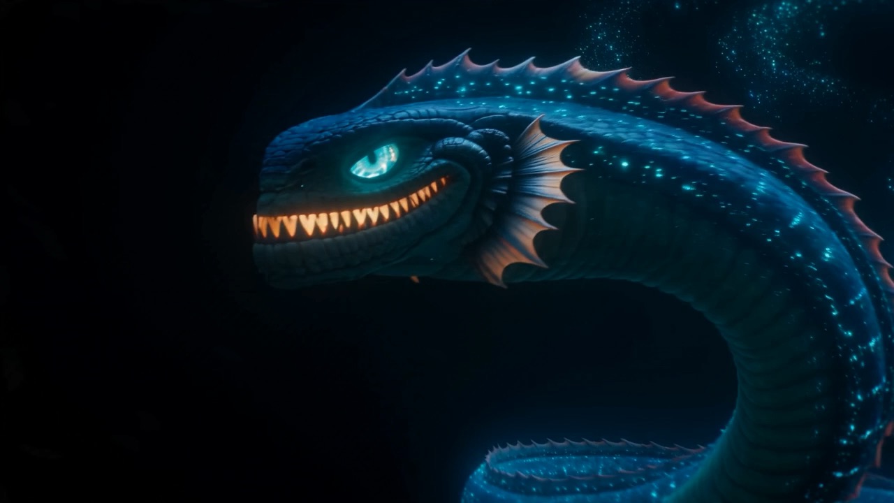 Something enormous, lit from inside, in deep water
