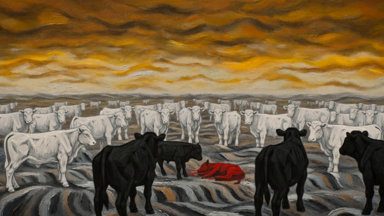 A white herd, a black one, and something red on the ground