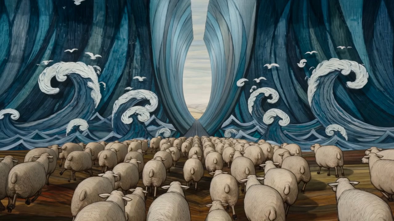 And a sea that opens for them, in folded paint