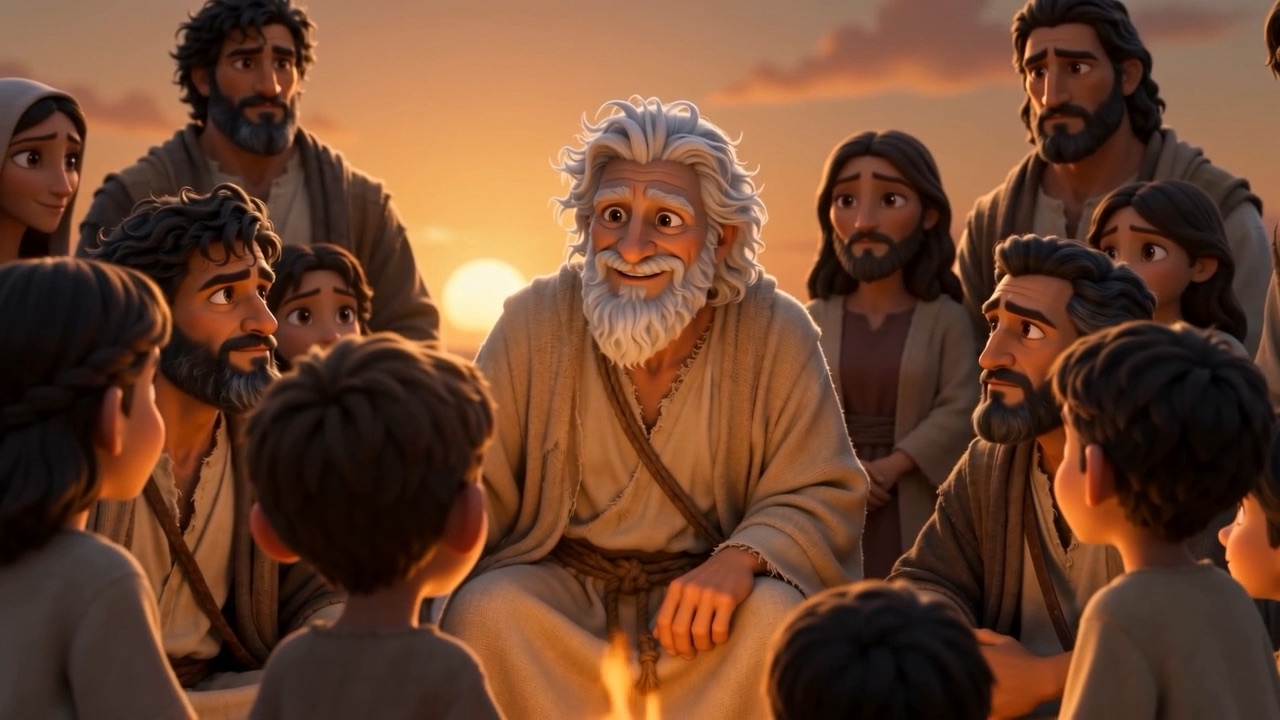 The whole family, at sunset, sitting round him