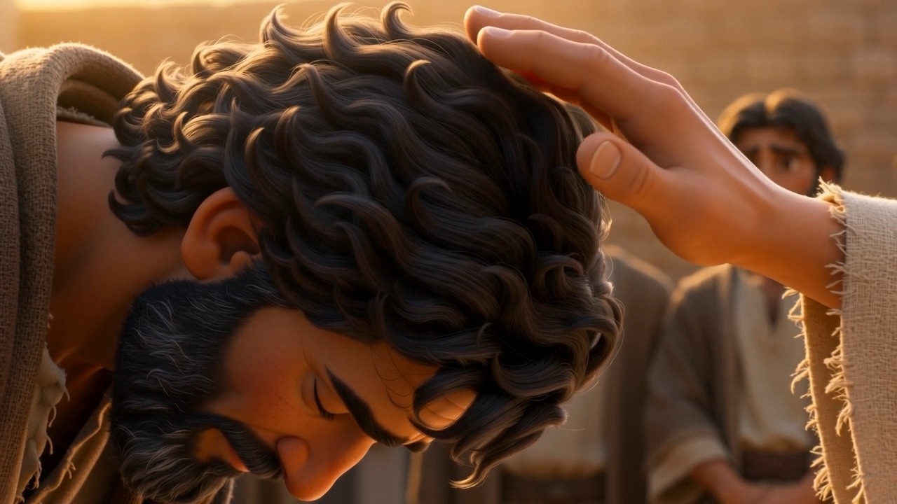 One hand on one bowed head