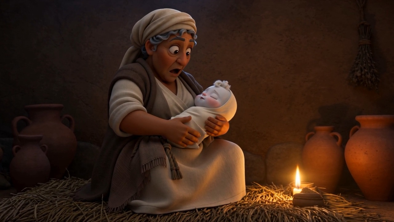 A midwife holds a child glowing like a lamp