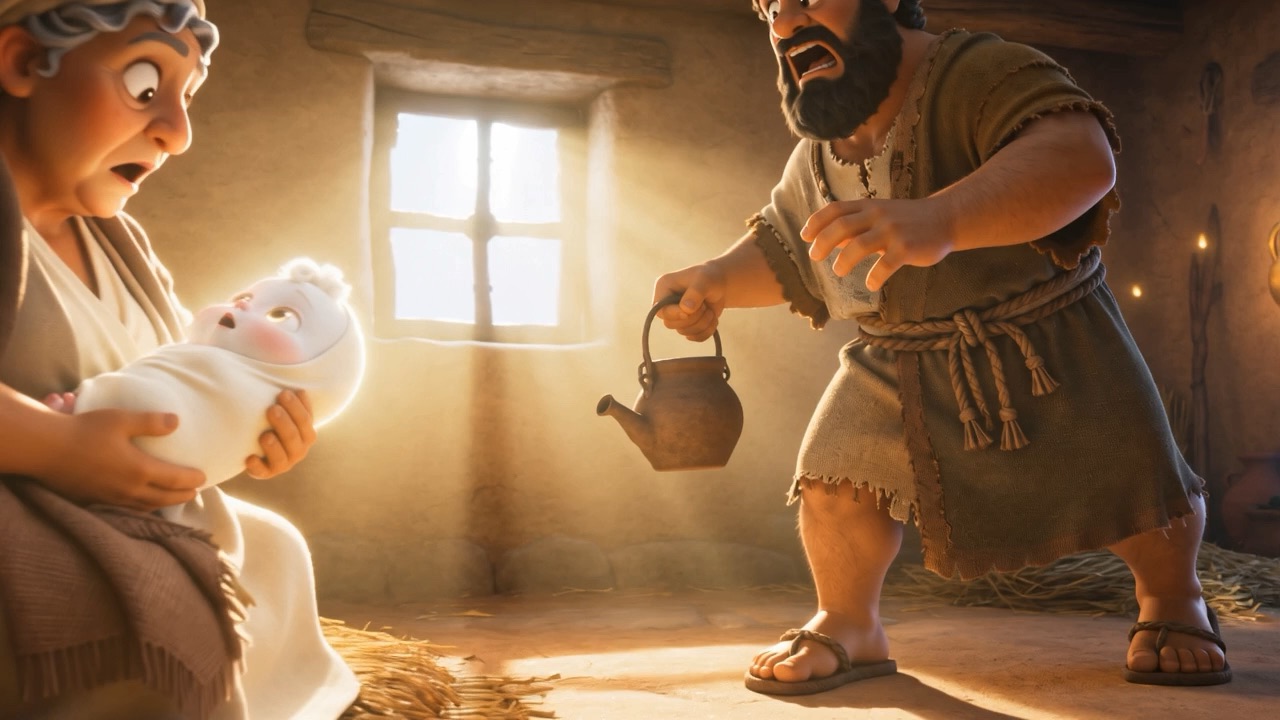His father puts down what he is holding