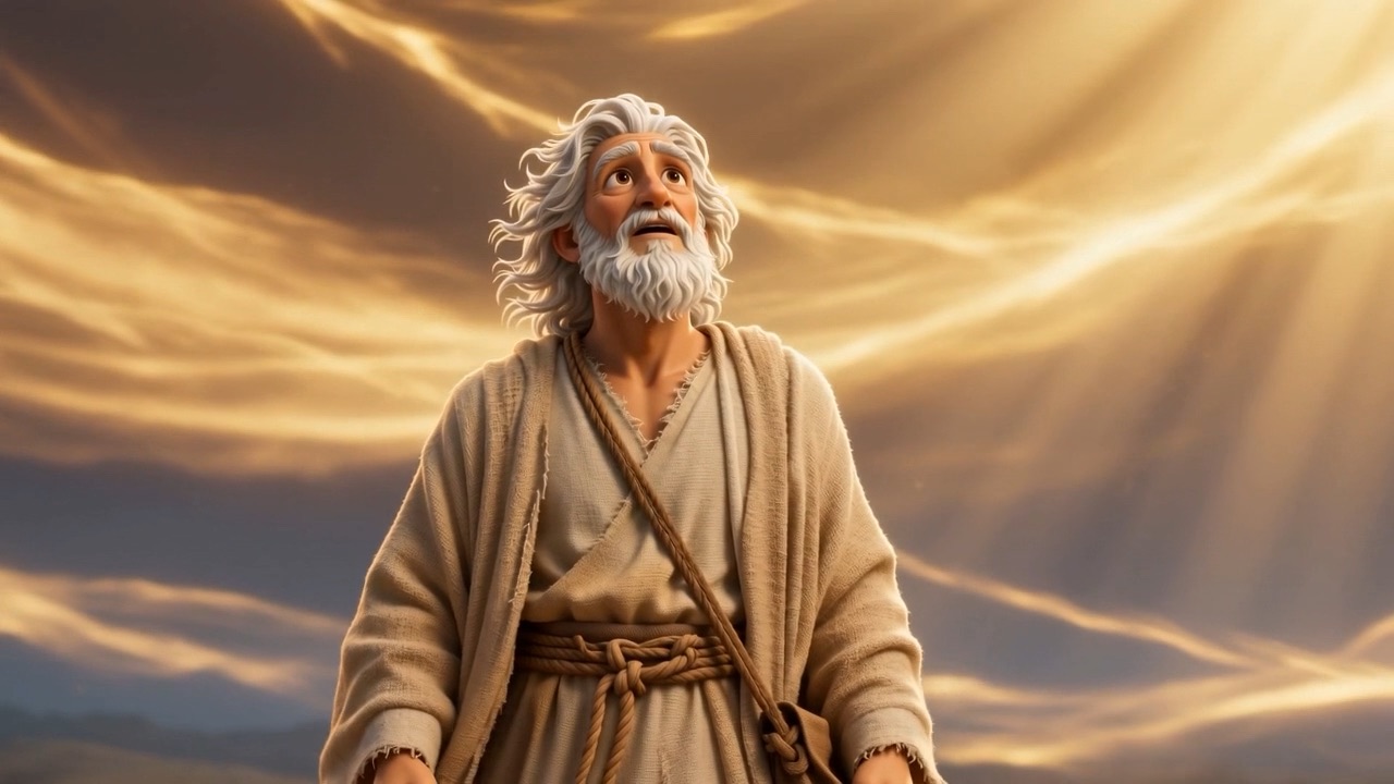 An old man looks up into golden light