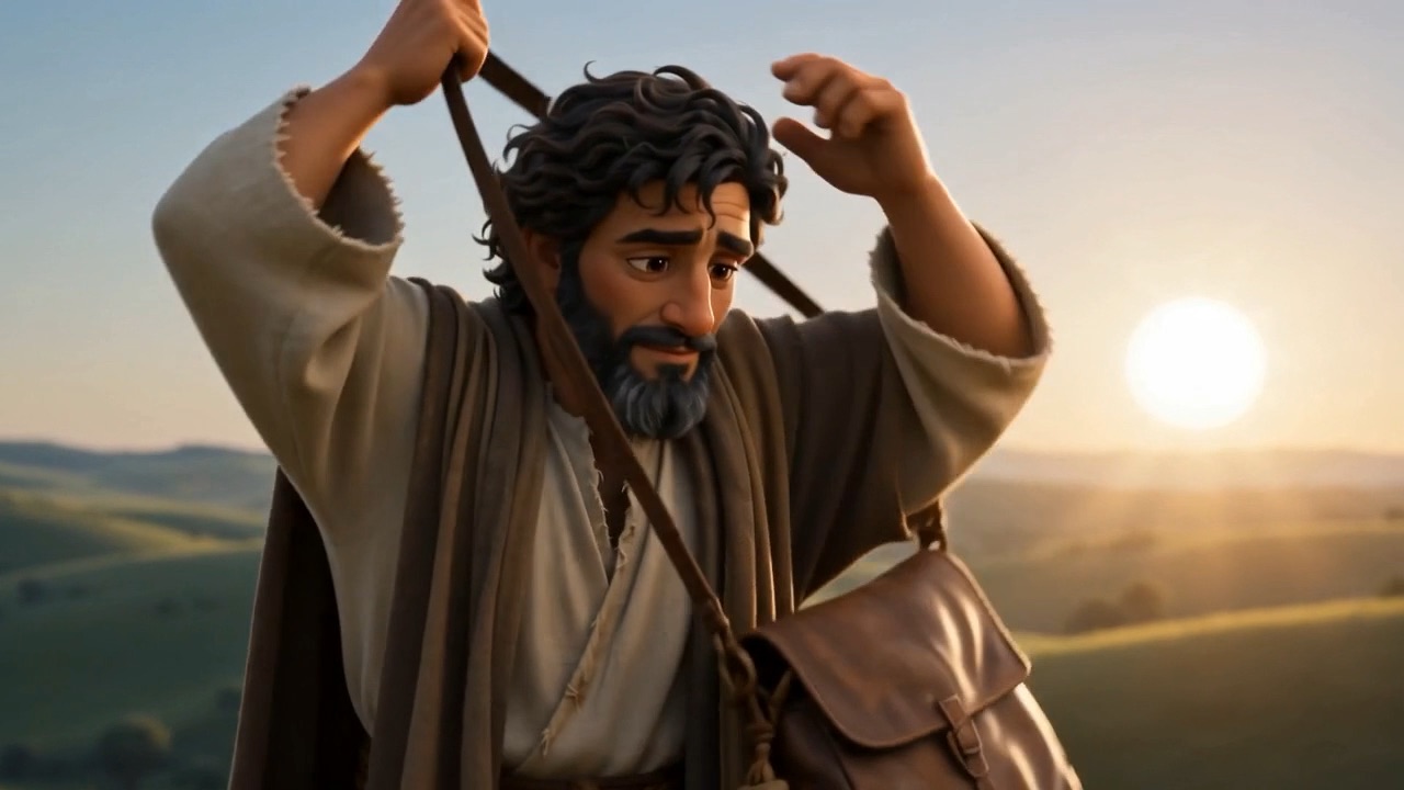 And puts his father's bag over his own shoulder