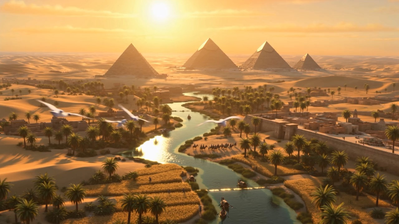 The Nile winds green and gold past the pyramids