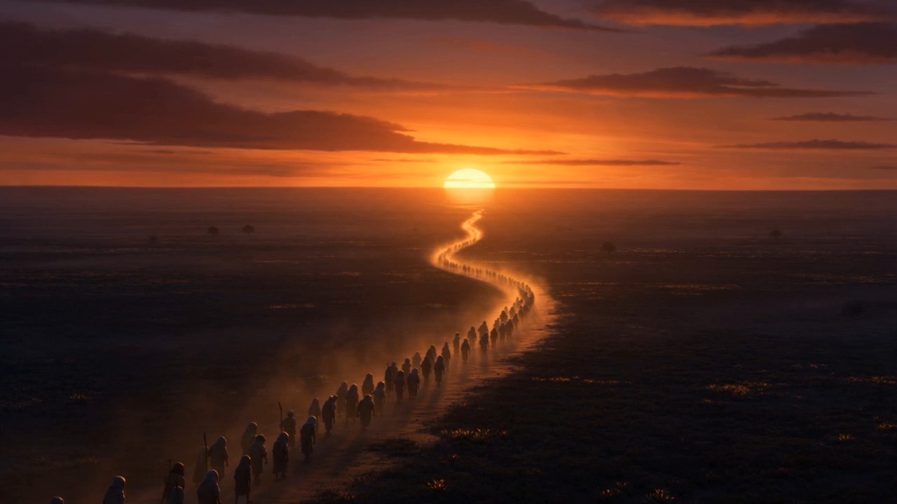 Slaves carry their loads home against the sunset